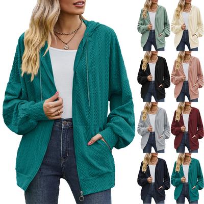 Women's Autumn Solid Color Loose Long Sleeve Pocket Hooded Jacket