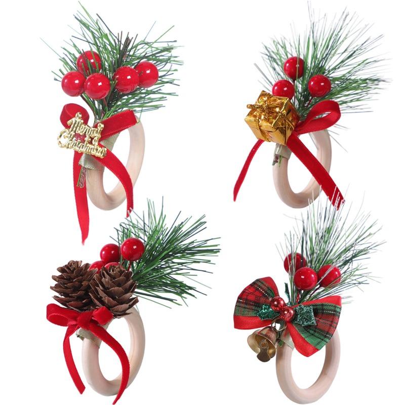 Christmas Napkin Rings Wooden Napkin Buttons for Christmas Hotel TablesHoliday Pinecone Bells Handmade Napkin Rings