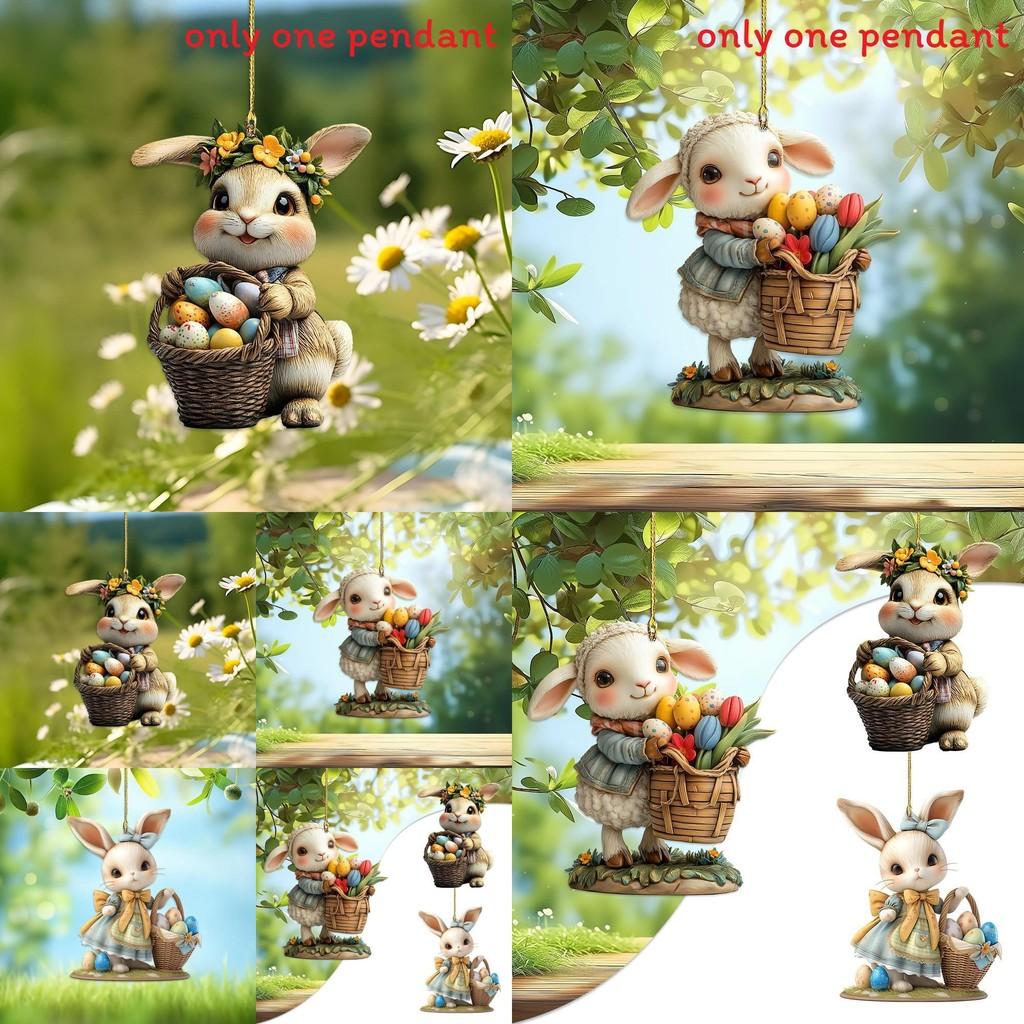 Easter Little Rabbit Holding Eggs Acrylic Car Pendant With Cartoon Style Keychain For Vehicle Interior Decor