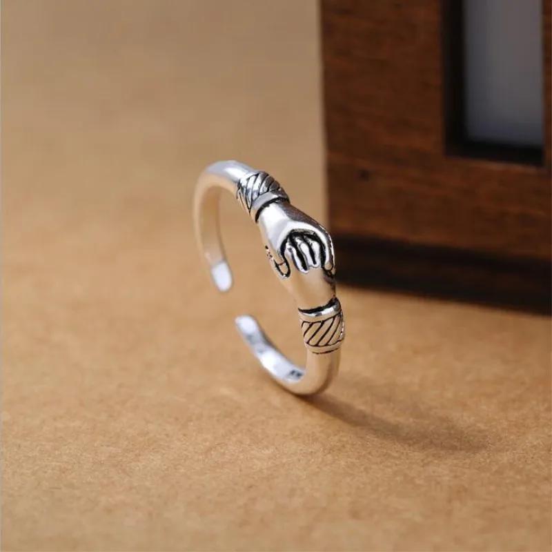 Real 925 Sterling Silver Love Ring Hand In Hand Opening Rings For Women Anel Gift