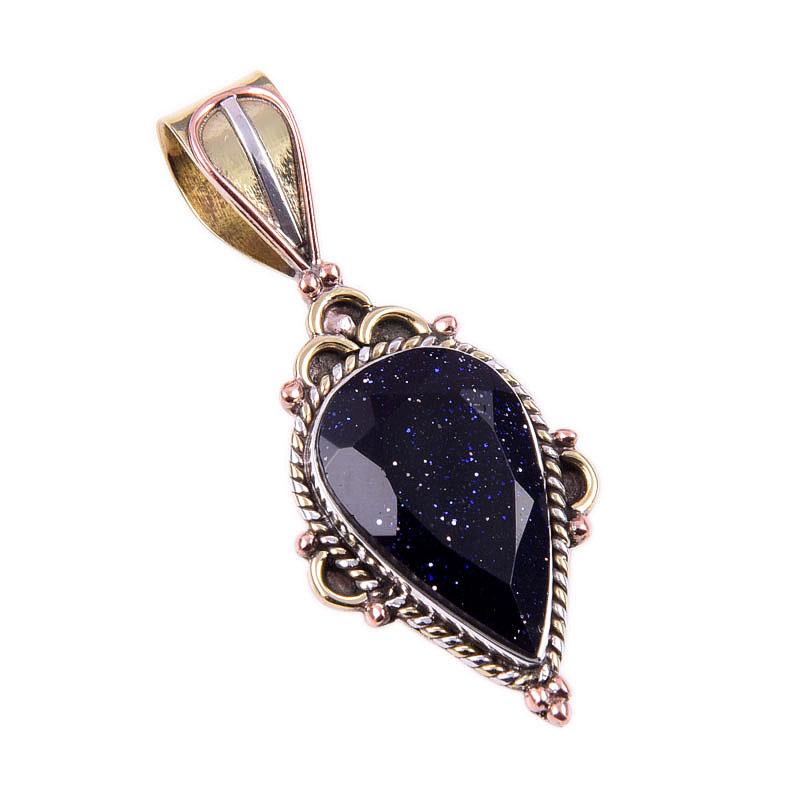 Natural Blue Sunstone 925 Solid Sterling Silver Gift TwoTone Pendant 1.50" P7z34