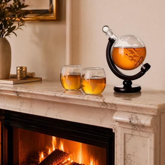 Welt Erde Karaffe Set, 850ml Schiff Whiskey Karaffe mit 2 Gläsern, Holzständer Rotierender Weinspender, Geschenk für Männer Papa