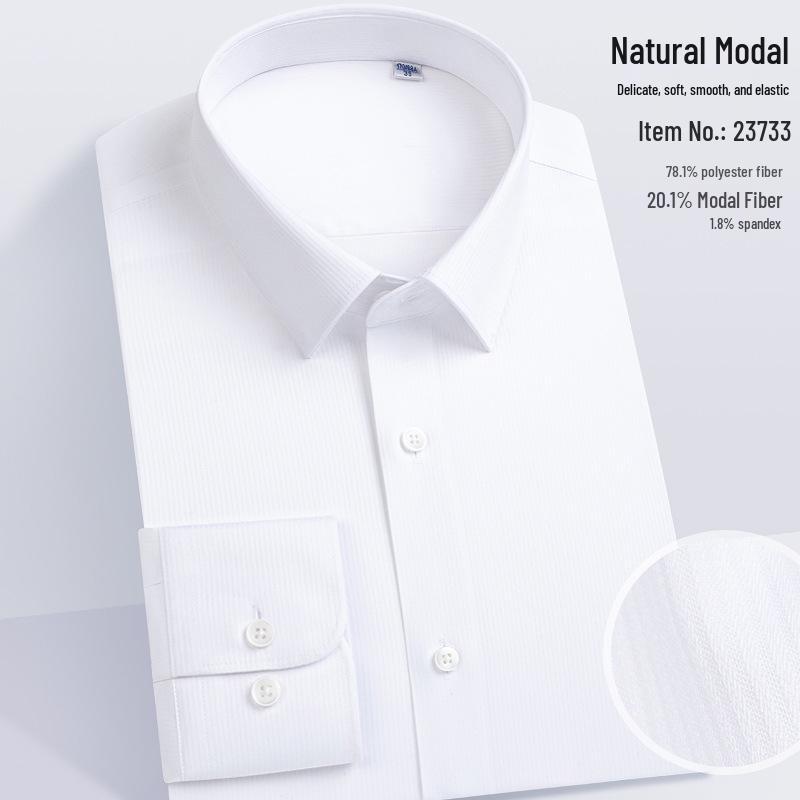 Men's Modal Stretch Long Sleeve Shirt - Non-Iron White, Spring & Autumn Style, Customizable LOGO, Professional Wear.