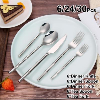 6/24/30Pcs Stainless Steel 304 Cutlery Set Sliver Tableware Western Bamboo Shaped Handle Dinner Set Knife Fork Spoon Sliverware