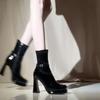 Huge Good-looking High-heeled Short Boots, Women's Autumn Square Head, Thin Elastic Boots, Thick-heeled Temperament, Short Boots.
