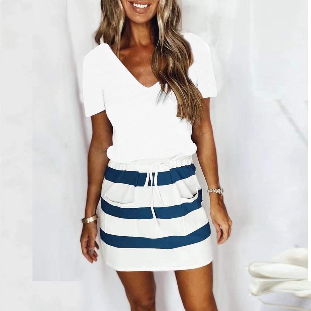 Women's Fashion Stripes Prints V-Neck Short Sleeves Lacing Pockets Leisure Dress