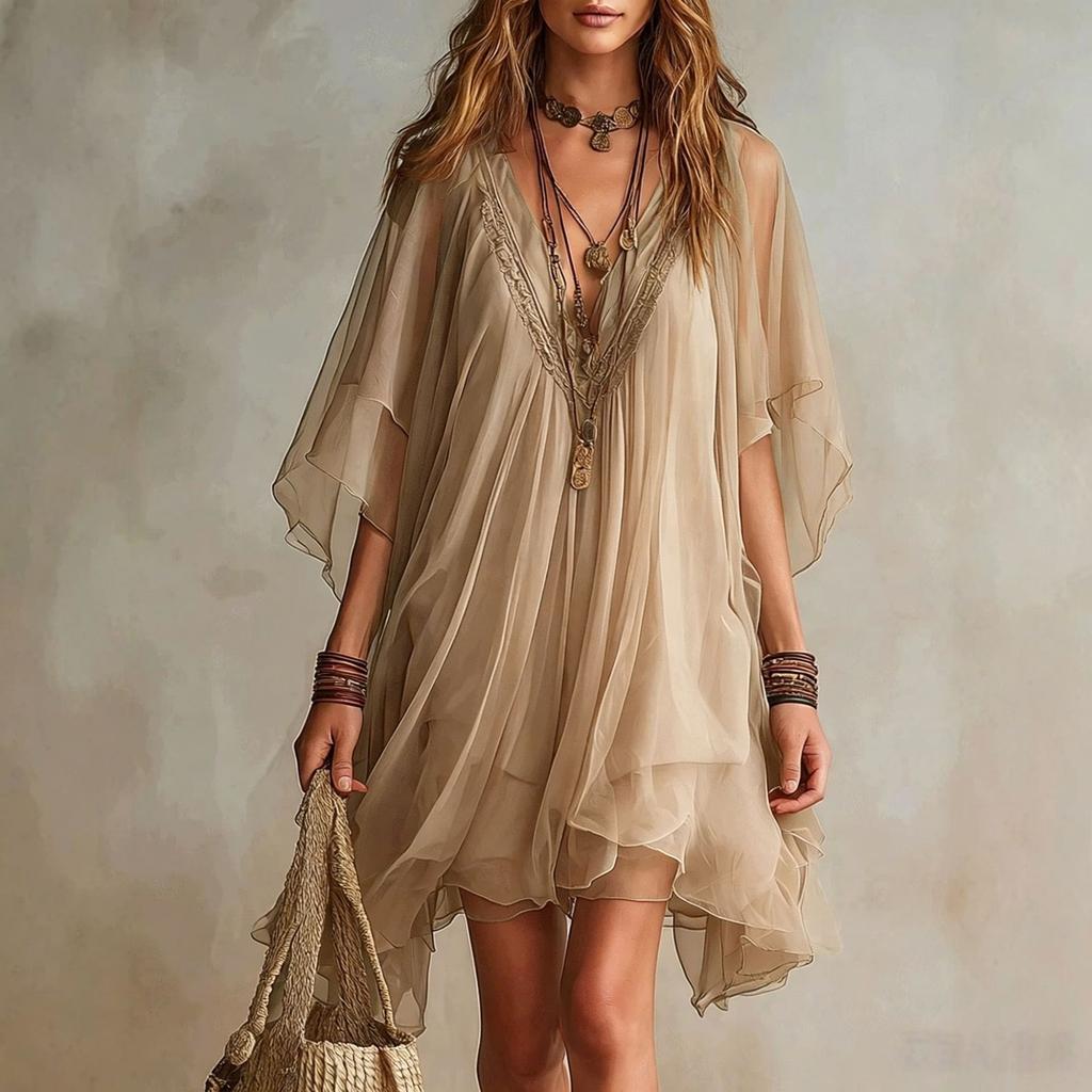 Robe Chiffon Couleur Col en V pour Femme - Vacances à la Plage, Tenue d'Été Décontractée