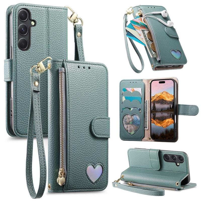 Zipper Style Flip Credit Card Case Pouch Bag for Samsung Galaxy A53/A54/A55/A56/A14/A15/A17/A16 Rope Phone Cover