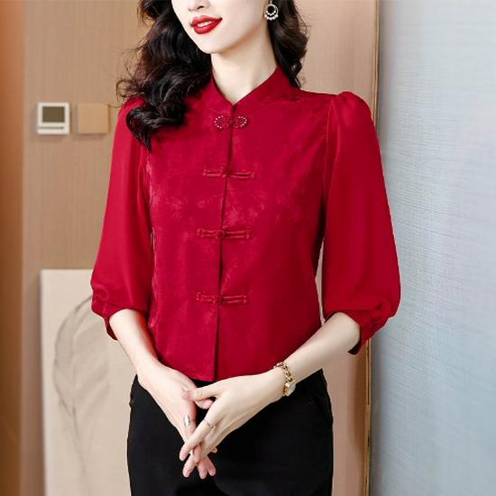 

Новая красная женская блузка в китайском стиле - облегающий крой, рукава три четверти, летняя мода 2XL красный