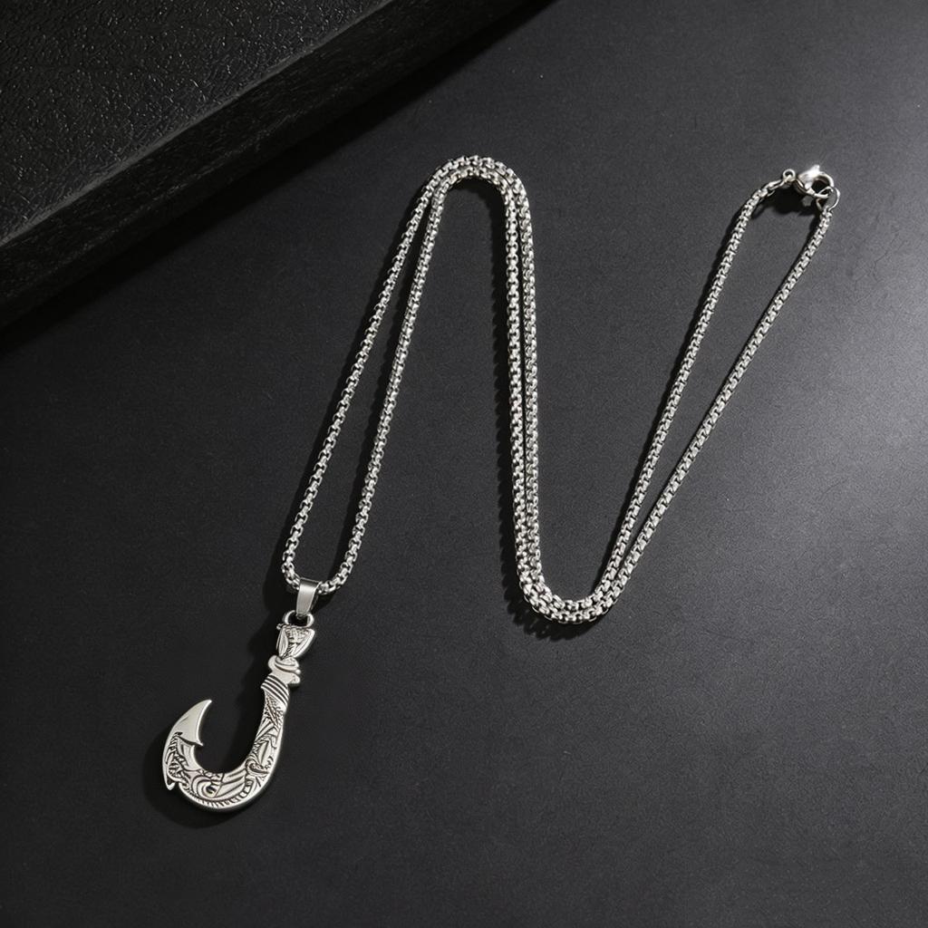 Men's Retro Fish Hook Pendant Necklace with Square Pearl Chain