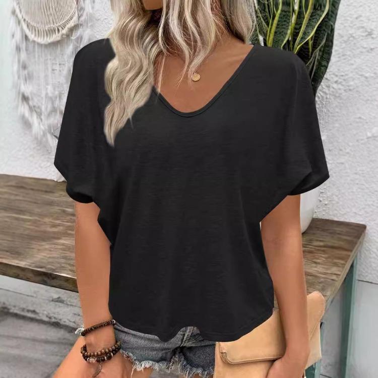 European-American Style New V-Neck Pleated T-Shirt Loose Fit Short Sleeves Candy Colors