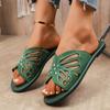 Fashion Plus Size Cutout Breathable Flat Slippers Women's Vintage Round Toe Open Toe Rhinestone Butterfly Soft Sole Beach Cool Mopping