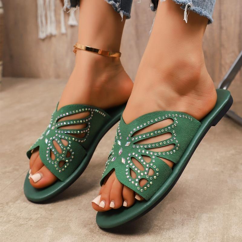 Fashion Plus Size Cutout Breathable Flat Slippers Women's Vintage Round Toe Open Toe Rhinestone Butterfly Soft Sole Beach Cool Mopping