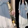 French Style Lace Dress Womens Early Spring Latest Style Blue Fake Two-piece Long Dress