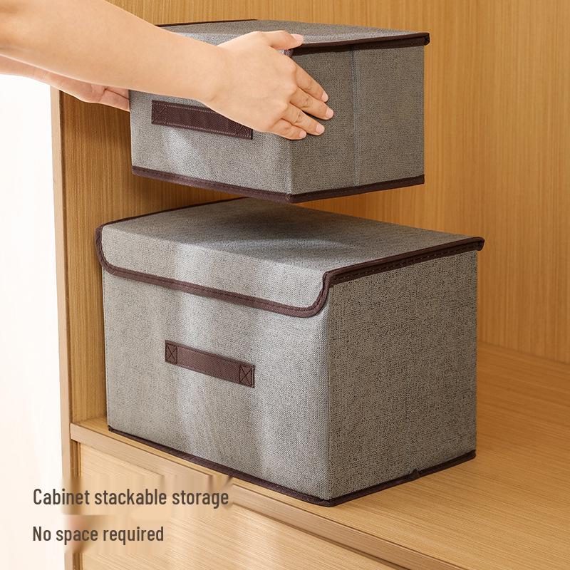 Foldable Linen-Like Storage Box with Lid for Clothes and Sundries