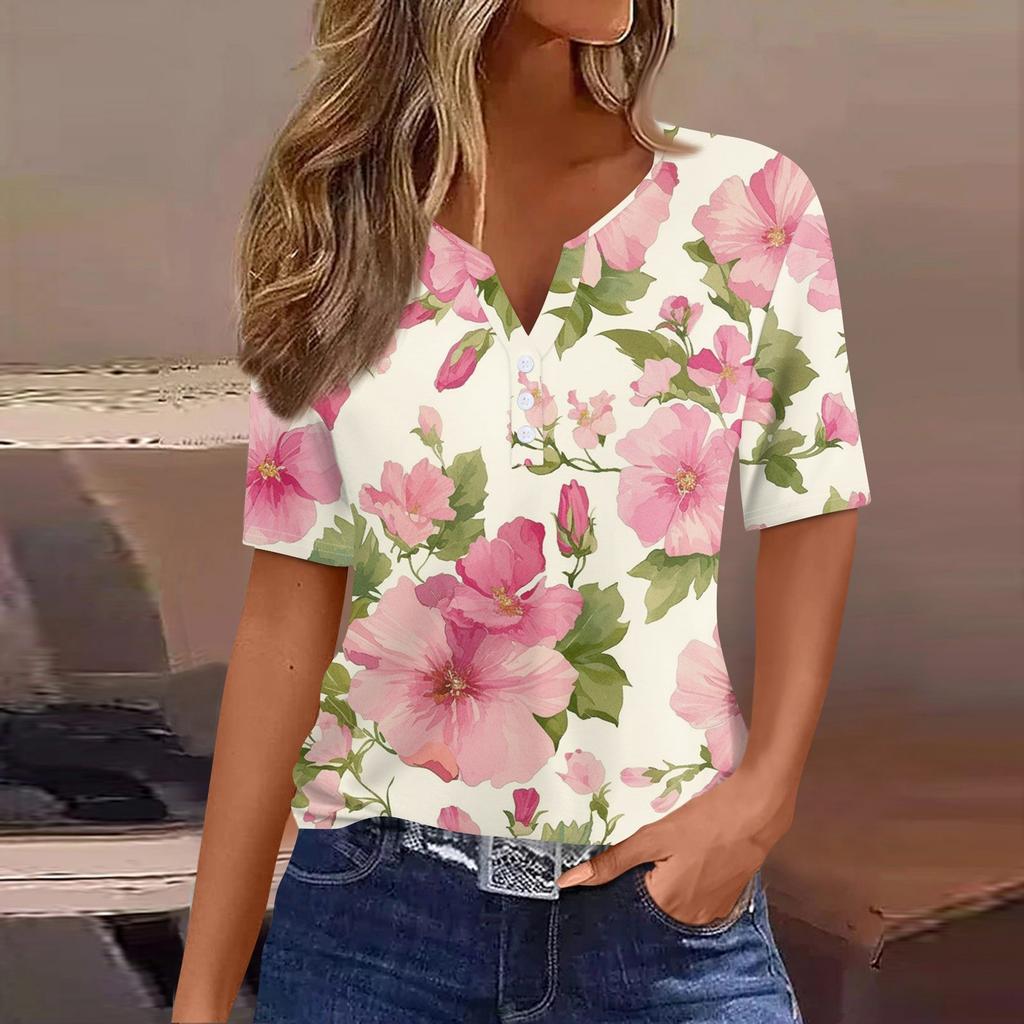 Women's T Shirt Print Button Short Sleeve Daily Weekend Fashion Basic V-Neck Regular Top