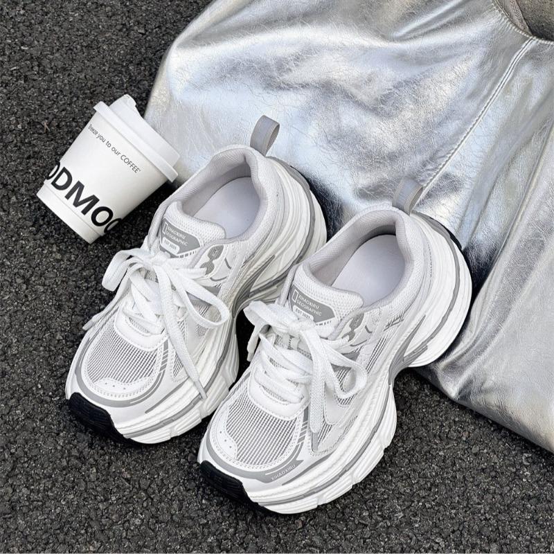 Thick-soled dad shoes women's summer new leather mesh small man height increase breathable mesh casual sports shoes