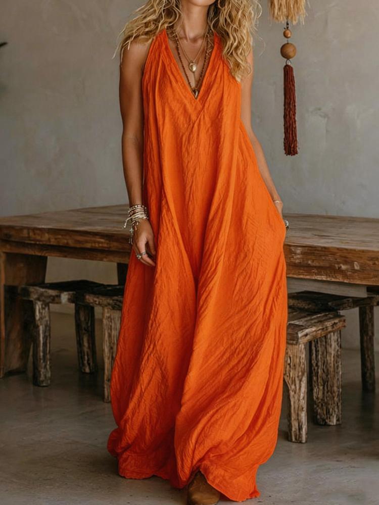 Damen Sommer Locker Ärmellos Schickes Maxikleid, Einfarbig Patchwork Elegantes Partykleid Lässig Einfach V-Ausschnitt Damenkleider