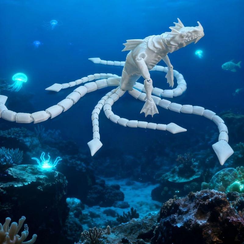 3D Printed Articulated Sea Monster Deep Sea Creature Figure Poseable Tentacle Monster Desk Decor Office Shelf Ornament Gift