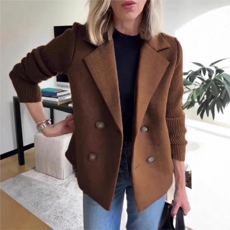 Fall Suit Collar Casual Coat Women Knitted Long Sleeve Tweed Office Jacket Blend Wool Coat Double Breasted Blazer Female Lapel