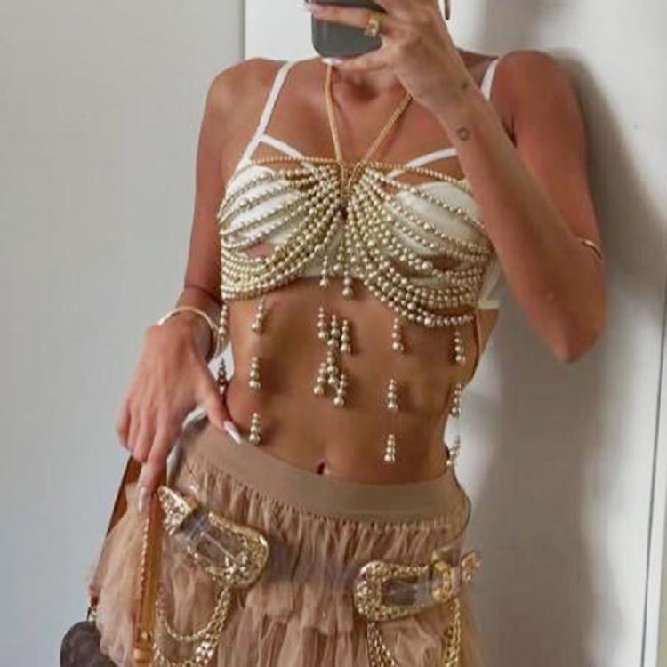 Beaded Body Chain Bra Multilayer Beads Chest Chains Body Accessories Jewelry for Women Girls Nightclub Raves Body Jewel