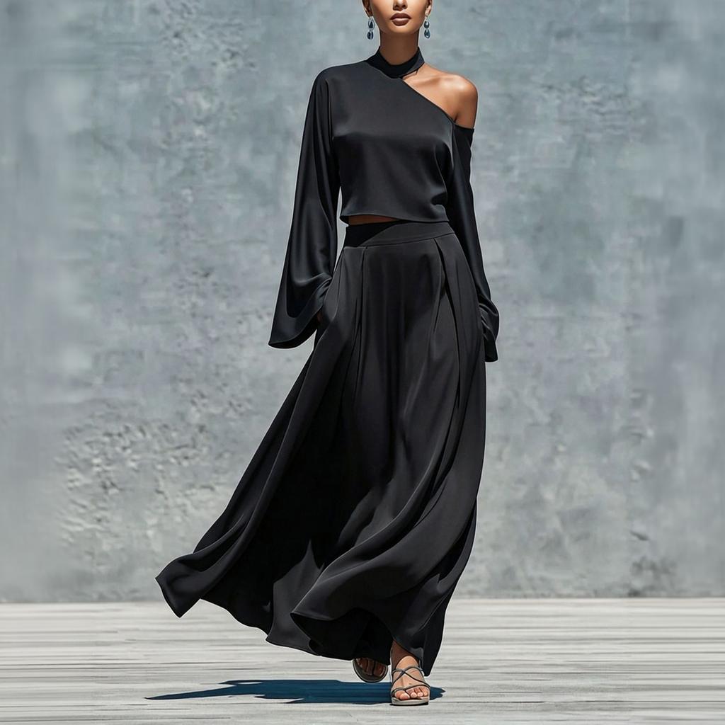 Women's Color One-Shoulder Long Sleeve Top and High-Waist Skirt Two-Piece Outfit Set