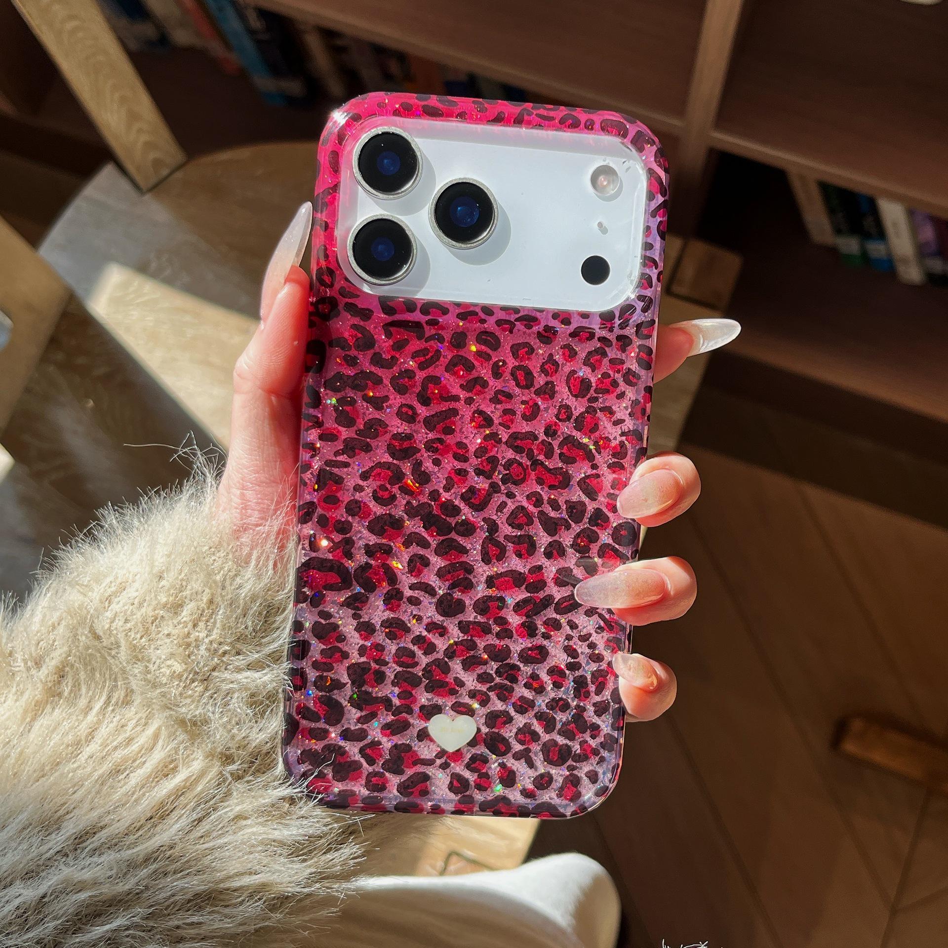 European Leopard Gradient Heart Glitter Phone Case for iPhone 17 Pro, 17, 16, 15, 14 Promax iPhone 17 Pro