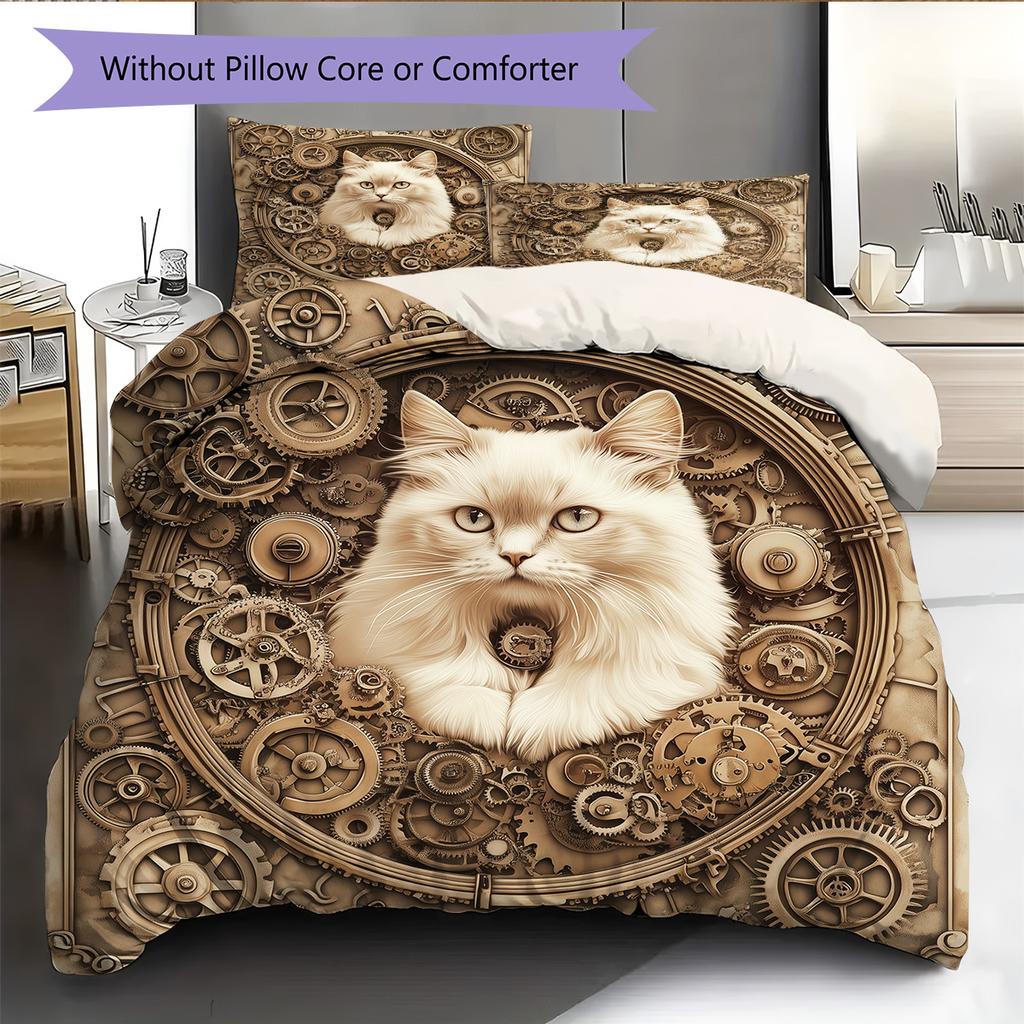 Gear Cat Pattern Bedding Quilt Set Quilt Cover Pillowcase Home Decoration Gift (1 * duvet cover + 2 * pillowcase, without core)