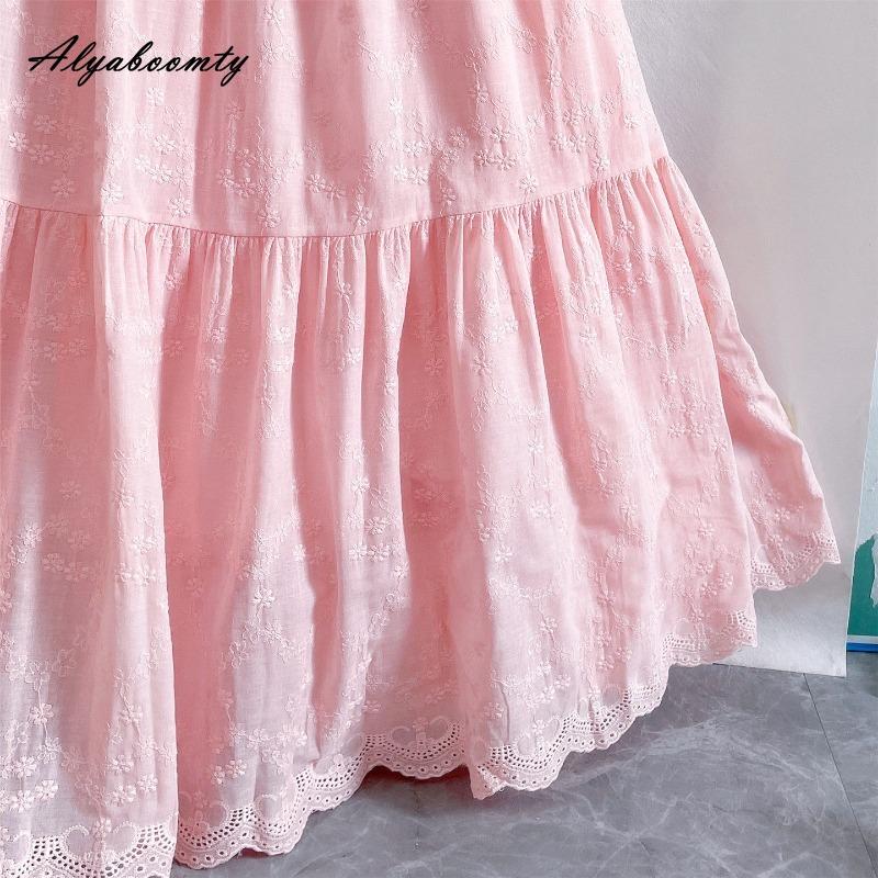 Japanischer Mori Girl Frühling Sommer Damen Rosa Rock Elastischer Bund Blumenstickerei Weicher Rock Eleganter Femininer Baumwolle Damenröcke