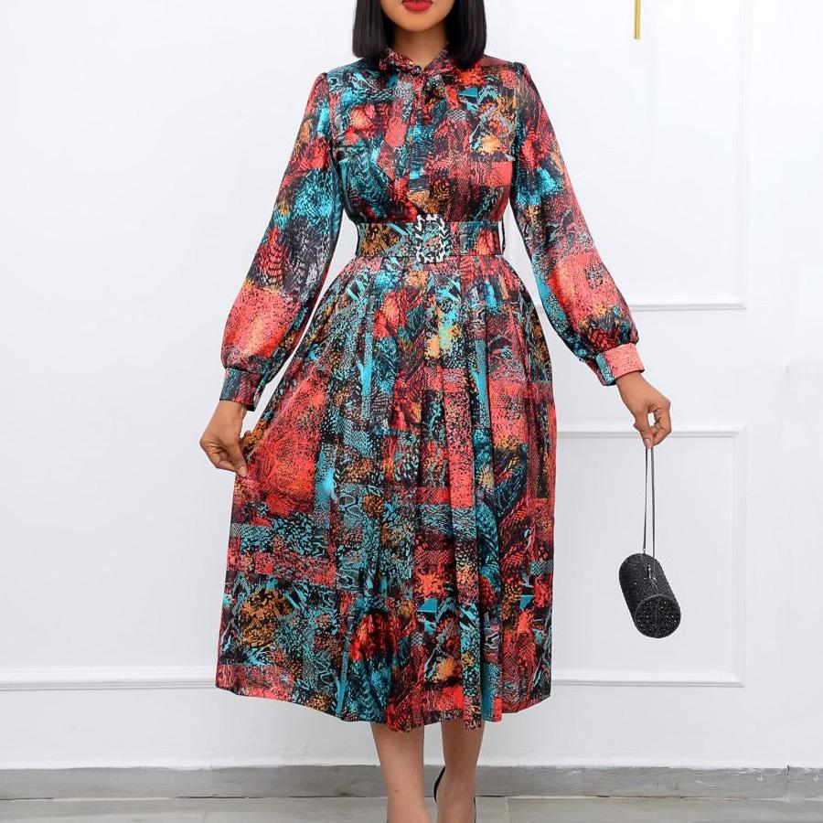 Vintage Style Long Sleeve Dresses Women Bow Collar Long Sleeve Belt Waisted A Line Mid Calf Birthday Party Dinner Vestidos Mujer Dress