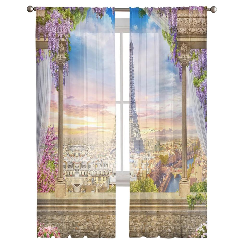 Paris Terrace Scenery Tulle Curtains for Bedroom Hall Living Room Decor Chiffon Curtain for Balcony Kitchen Home Drapes