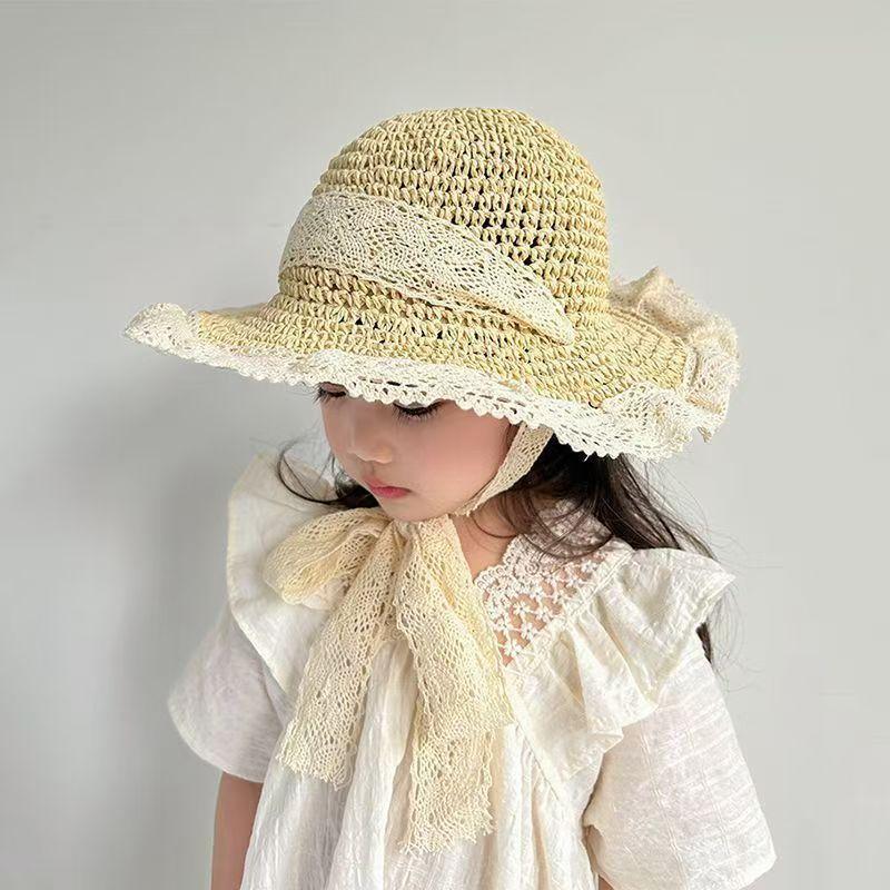 

Summer Children s Lace Straw Hats Girls Spring and Autumn Sunscreen Sunshade Hat Baby Holiday Beach Cap Sun Hat Kids Accessory бежевий