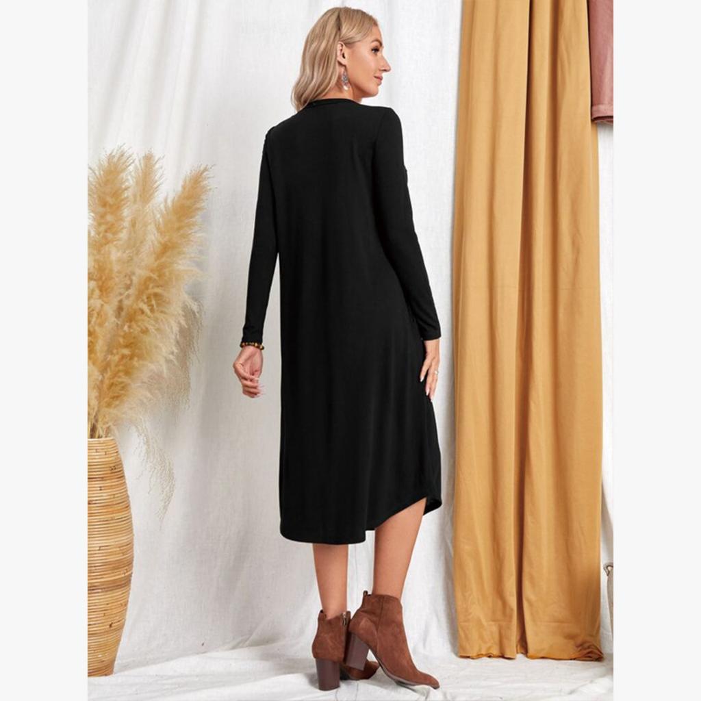 Fall Winter New European American Women's Clothing Solid Color Knit Loose Dress With Side Seam Pockets Curved Hem
