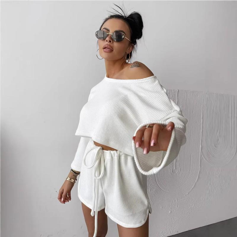 Womens 2026 Loose Comfortable Long Sleeve Top Shorts Set Pure Color Casual Lounge Wear