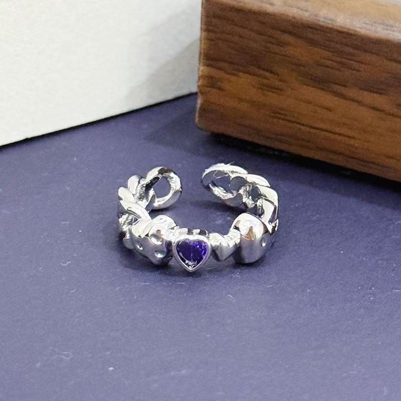 Light Luxury Retro High-Grade Inlaid Purple Diamond Egg Surface Love Open Ring, Personalized Design, Niche Exquisite Stacked Ring