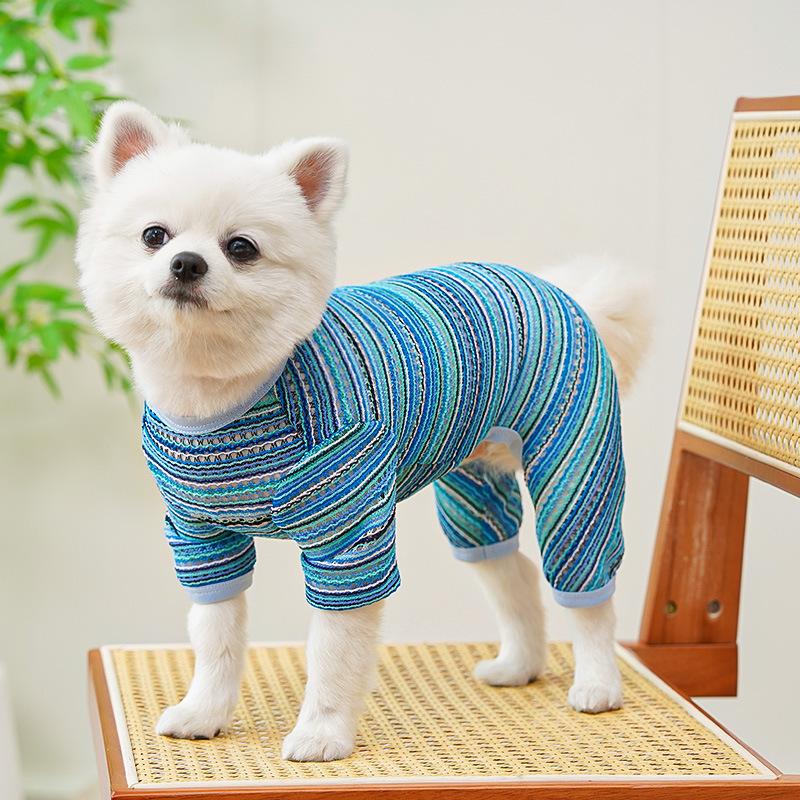 Breathable Hollow-Out 4-Legged Dog Jumpsuit for Small Dogs - Colorful Striped Puppy Clothing (2 Colors)