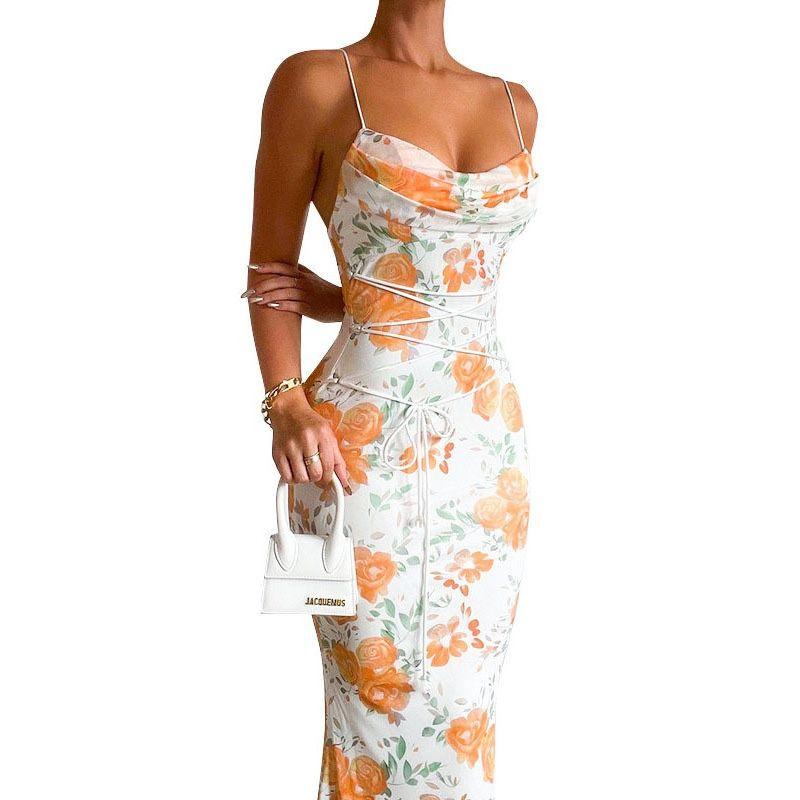 Fashion Wind Summer New Sexy Sexy Print Backless Lace up Slim Fit Slimming Spaghetti Straps Dress Female Dress
