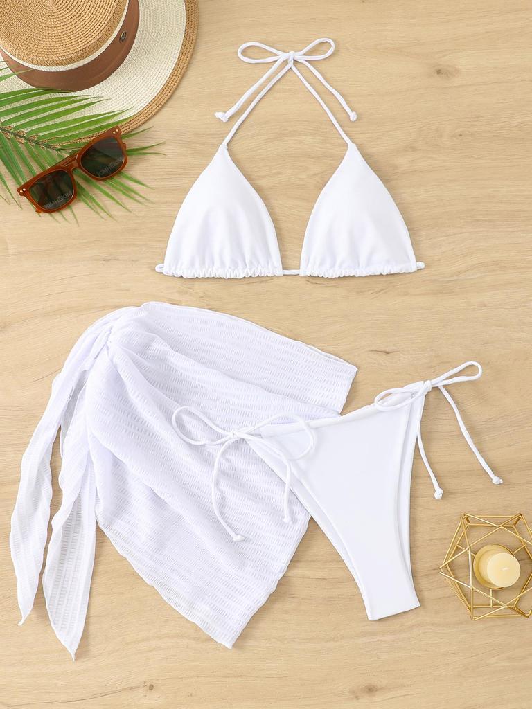 Sleek Solid Color Three-Piece Bikini Set - Women's Sexy, Tight, Backless Swimsuit