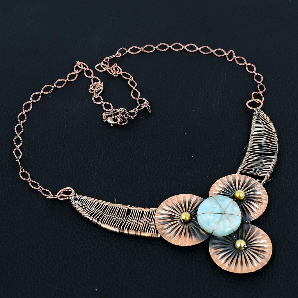 Glamorous Larimar Gemstone Handmade Pure Copper Wire Wrap Jewelry Necklace