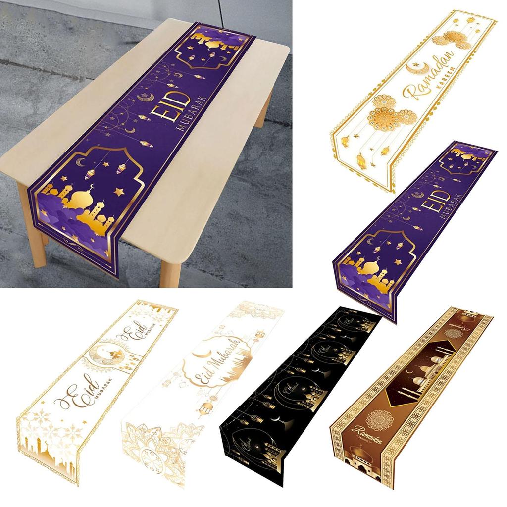 Eid Mubarak Table Runner Islamic Muslim Star Moon Polyester Table Cloth for Home Dining Room Celebration Festival Kitchen