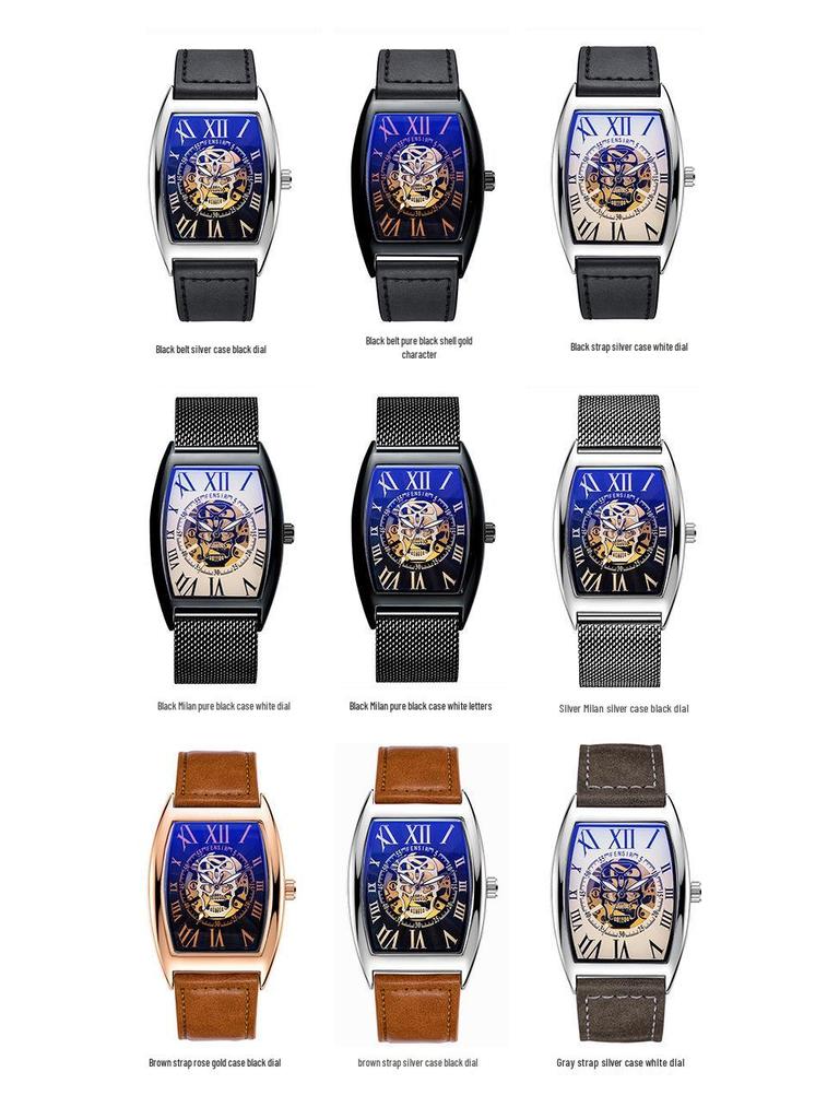 Finish 2027 Skull Face Mesh Strap Men's Waterproof Barrel-Shaped Tictok Watch with Leather Belt