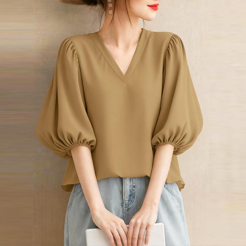 ZANZEA Women Casual V-Neck 3/4 Sleeve Loose Blouse