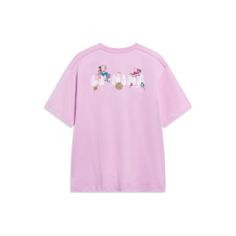 Li-Ning X Steven Harrington Logo Embroidered Letter Print Round Neck Short Sleeve Loose T-Shirt Unisex Tops Light-Lotus-Pink AHST093-1