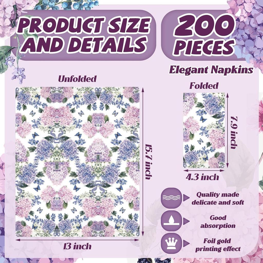 200 Pack Purple Hydrangea Napkins for Guests Floral Butterfly Napkins Disposable Dinner Hand Towels Decorative Flower Bathroom Paper for Wedding