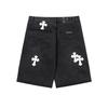 CHROME HEARTS Herren Schwarze Denim Shorts mit Weißen Kreuz-Aufnähern Baggy Streetwear Jorts