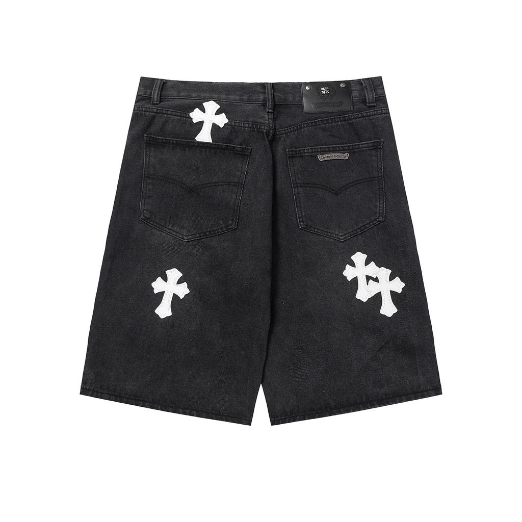 CHROME HEARTS Herren Schwarze Denim Shorts mit Weißen Kreuz-Aufnähern Baggy Streetwear Jorts