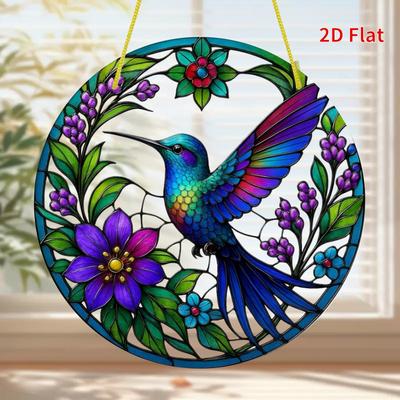 2D Flat Round Hummingbird Acrylic Decoration Sign, Hummingbird & Floral Design, Suitable for Wall Decoration, Porch, Room, Villa, Accents Home, Hallwa