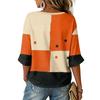Women's V-Neck Color Block Halloween Print Top with Three-Quarter Sleeves