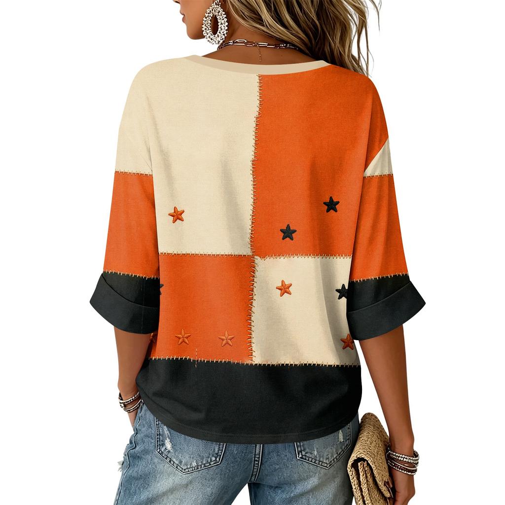 Women's V-Neck Color Block Halloween Print Top with Three-Quarter Sleeves