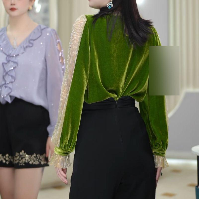 Women Vintage Stylish Mesh Patchwork Blouses Elegant 3D Flower Design Commute Shirts Autumn Casual V Neck Long Sleeve Loose Tops